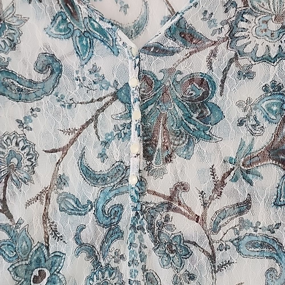 Y2K 90's Blue Floral Semi Sheer Mesh Tulle Beige Lace Trim Fitted Henley Top S E - Picture 5 of 12